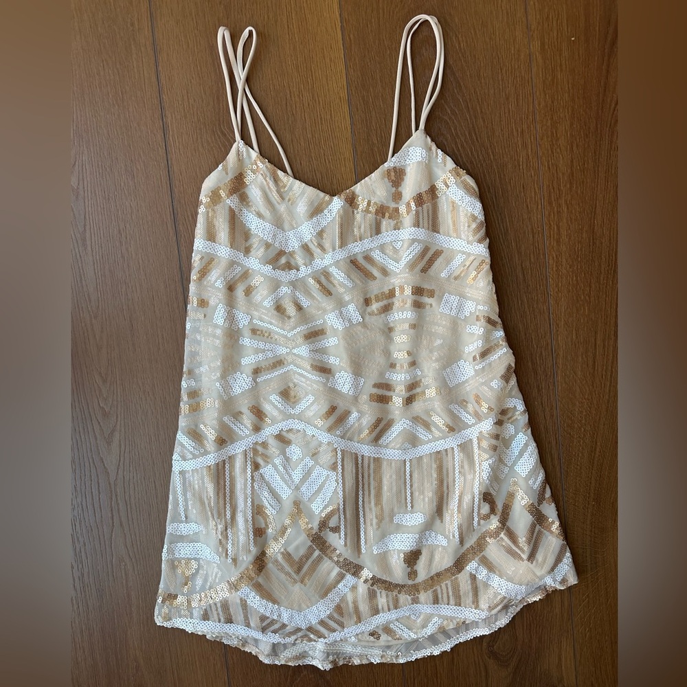 Show Me Your MuMu Cream and White Geometric Sequined Sparkling Mini Dress - Picture 15 of 16